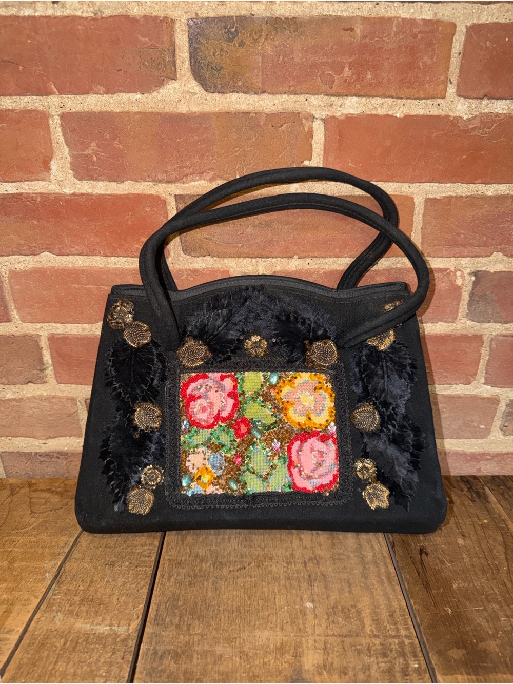 Caron of Houston Hand Decorated Beaded Floral Black Wool Blend Handbag